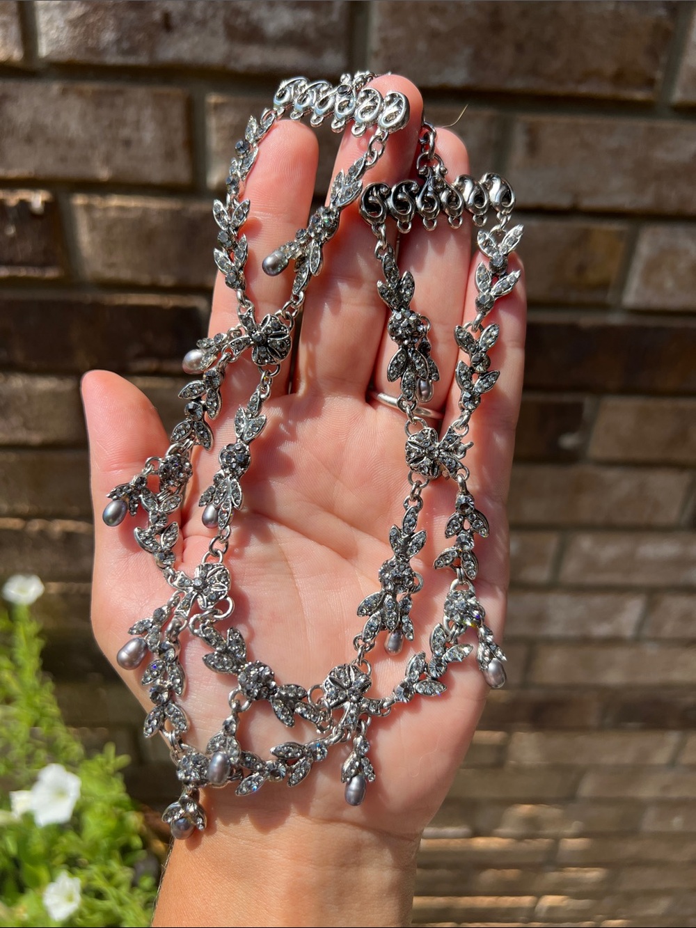 Vintage rare Simon Ju Silver Crystal Vine Necklace Grey Pearl Drops